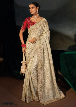 Cream White Kanjivaram Silk Saree with Zari, Sequin & Moti Embellishments