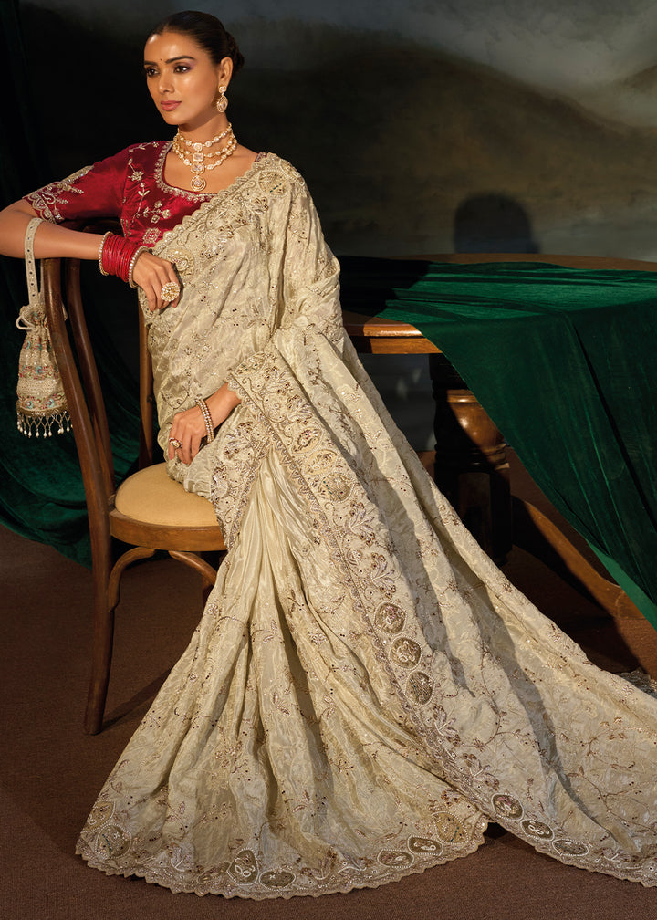 Cream White Kanjivaram Silk Saree with Zari, Sequin &amp; Moti Embellishments