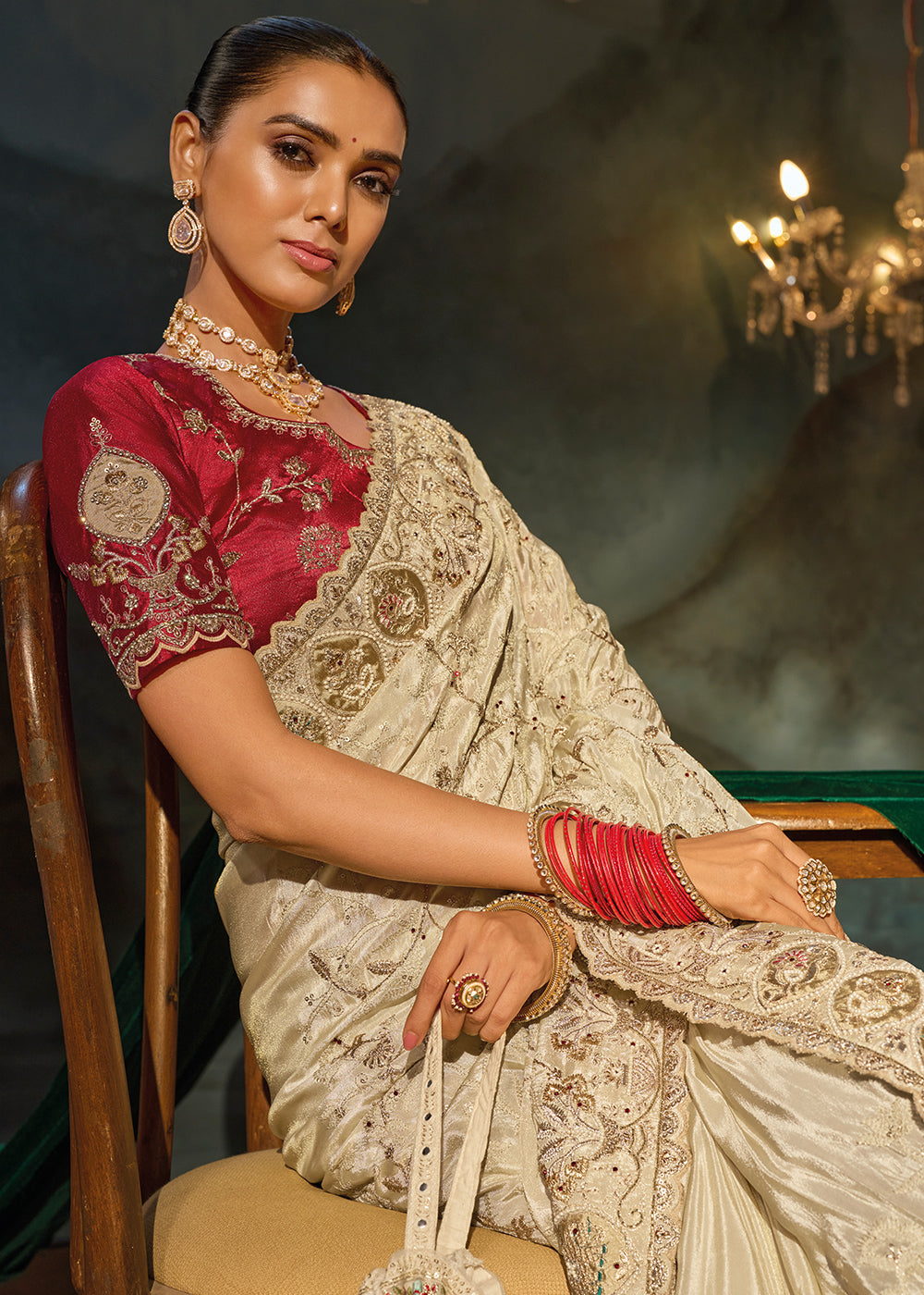 Cream White Kanjivaram Silk Saree with Zari, Sequin &amp; Moti Embellishments