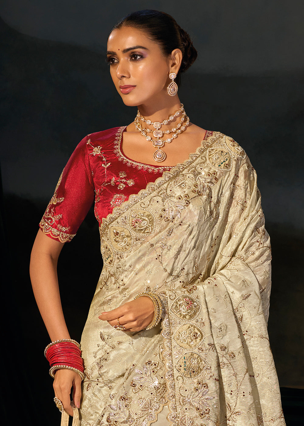 Cream White Kanjivaram Silk Saree with Zari, Sequin &amp; Moti Embellishments