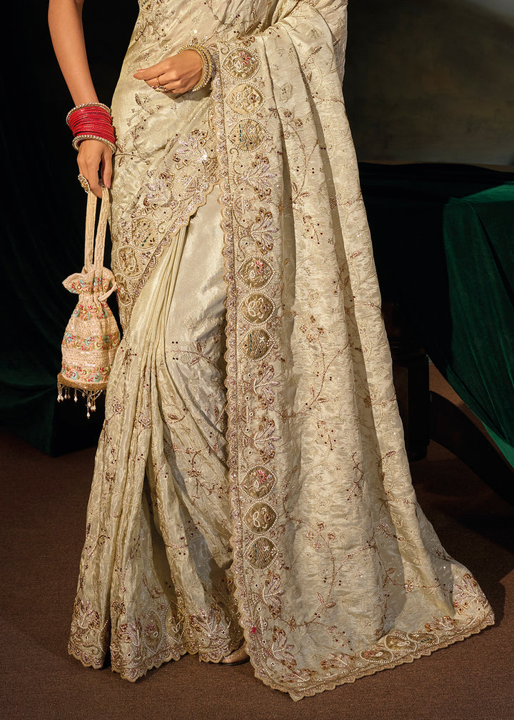 Cream White Kanjivaram Silk Saree with Zari, Sequin &amp; Moti Embellishments