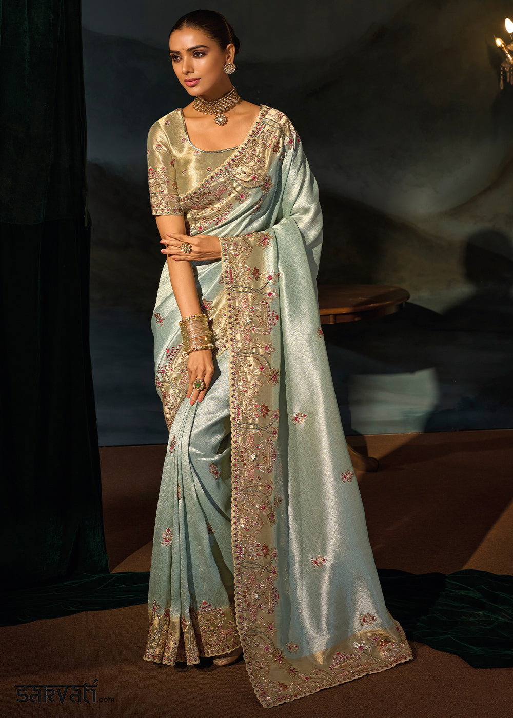 Light Blue Kanjivaram Silk Saree with Zari, Sequin &amp; Moti Embellishments