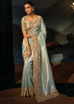 Light Blue Kanjivaram Silk Saree with Zari, Sequin & Moti Embellishments