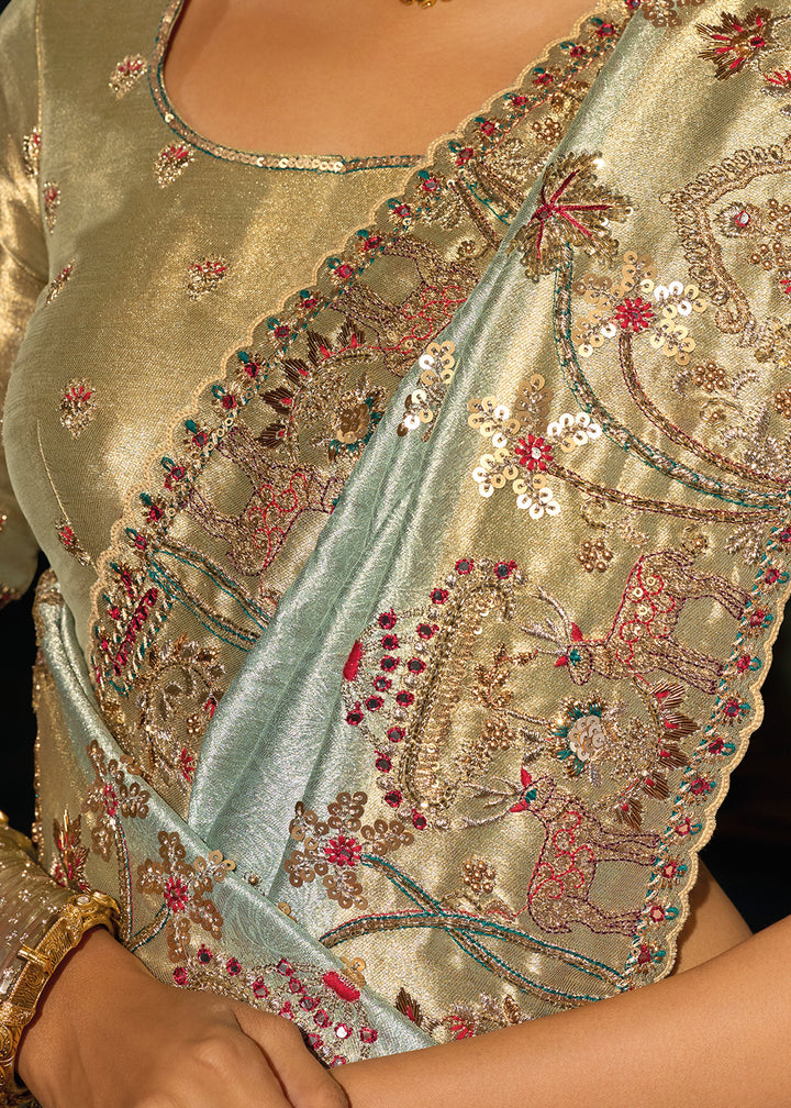 Light Blue Kanjivaram Silk Saree with Zari, Sequin &amp; Moti Embellishments
