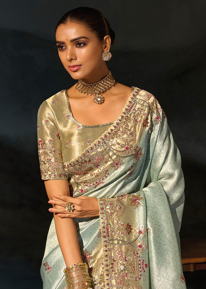 Light Blue Kanjivaram Silk Saree with Zari, Sequin &amp; Moti Embellishments