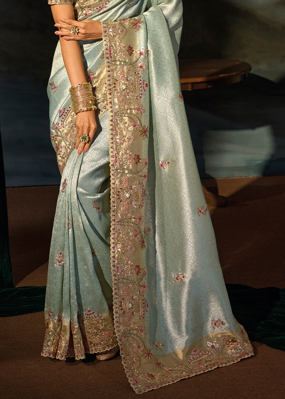 Light Blue Kanjivaram Silk Saree with Zari, Sequin &amp; Moti Embellishments