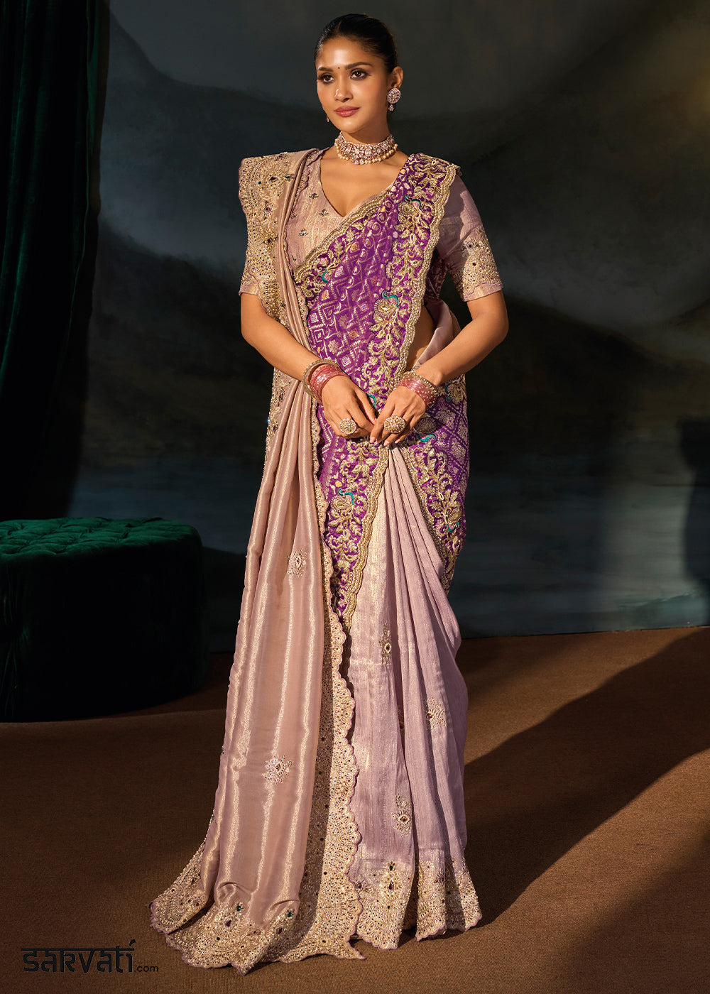 Shades Of Purple Tanchoi Silk Saree with Zari, Sequin &amp; Moti Embellishments