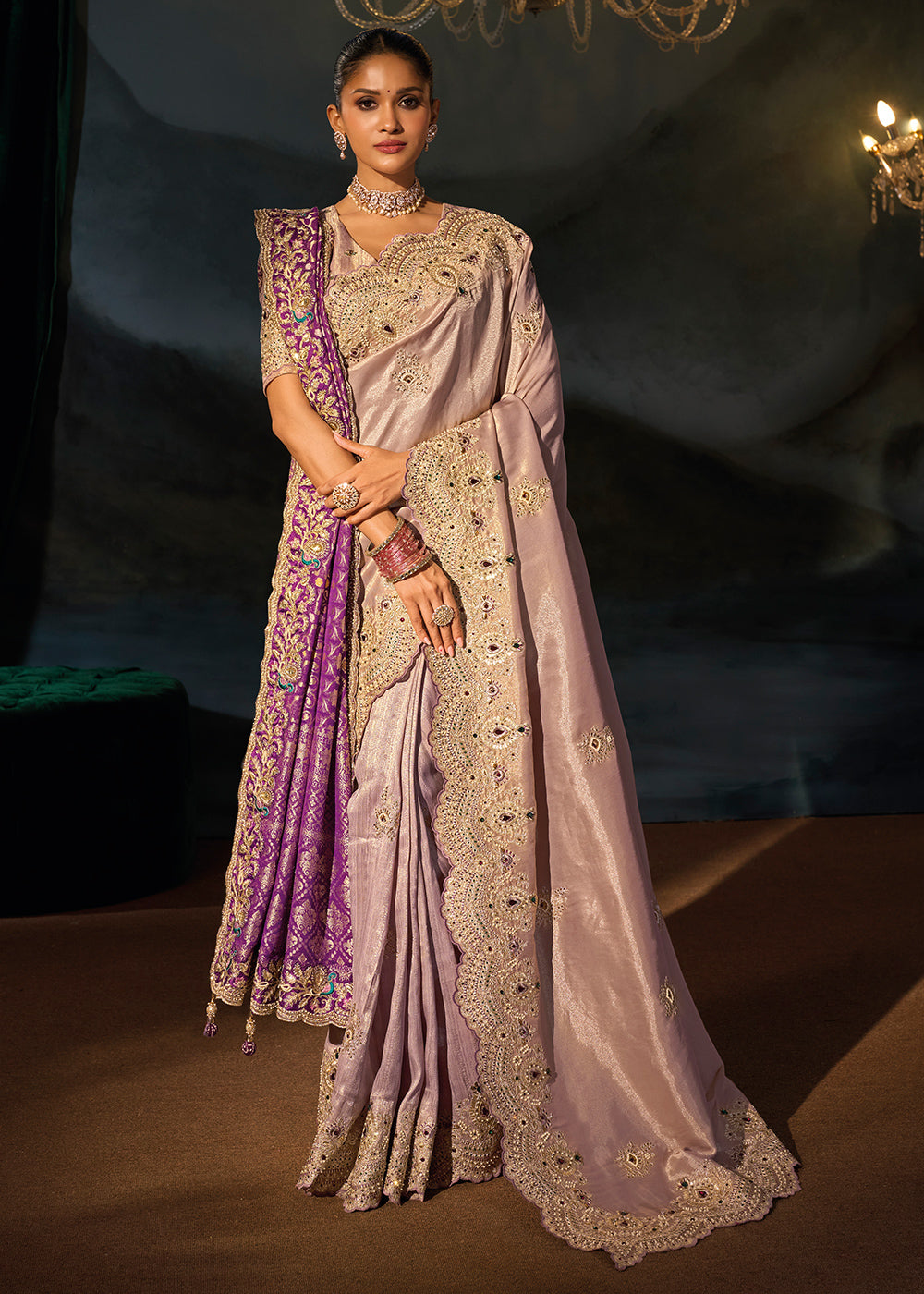 Shades Of Purple Tanchoi Silk Saree with Zari, Sequin & Moti Embellishments