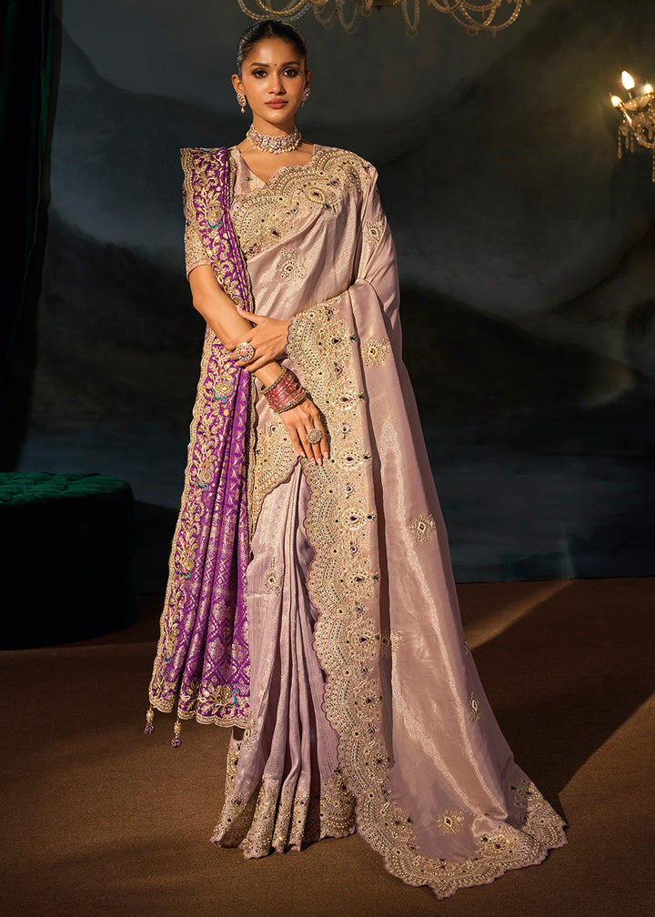 Shades Of Purple Tanchoi Silk Saree with Zari, Sequin &amp; Moti Embellishments