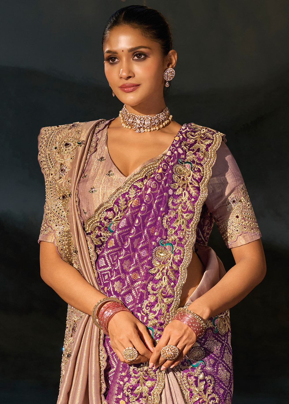 Shades Of Purple Tanchoi Silk Saree with Zari, Sequin &amp; Moti Embellishments