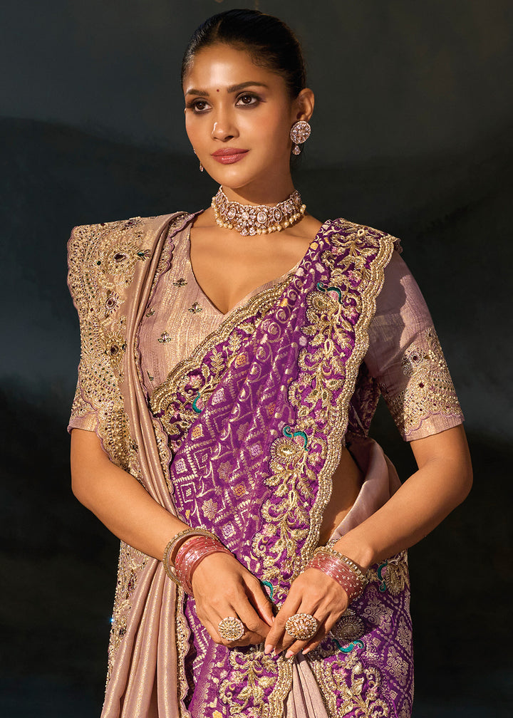 Shades Of Purple Tanchoi Silk Saree with Zari, Sequin &amp; Moti Embellishments