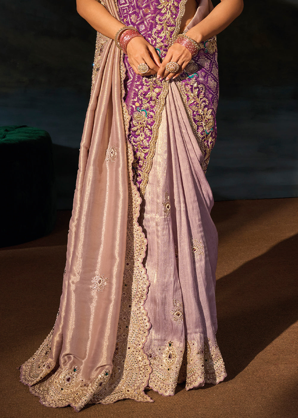 Shades Of Purple Tanchoi Silk Saree with Zari, Sequin &amp; Moti Embellishments