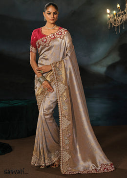 Grey & Brown Tanchoi Silk Saree with Zari, Sequin & Moti Embellishments