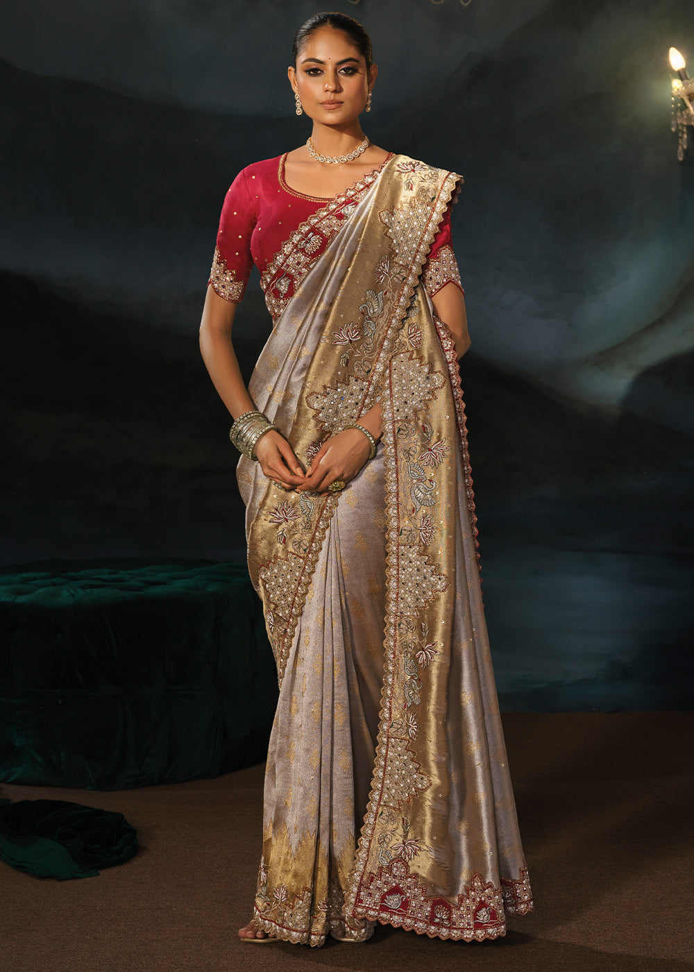 Grey &amp; Brown Tanchoi Silk Saree with Zari, Sequin &amp; Moti Embellishments