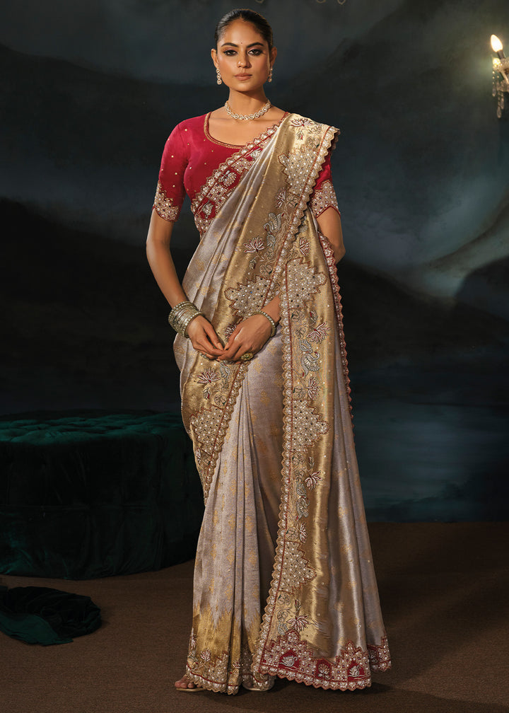 Grey &amp; Brown Tanchoi Silk Saree with Zari, Sequin &amp; Moti Embellishments
