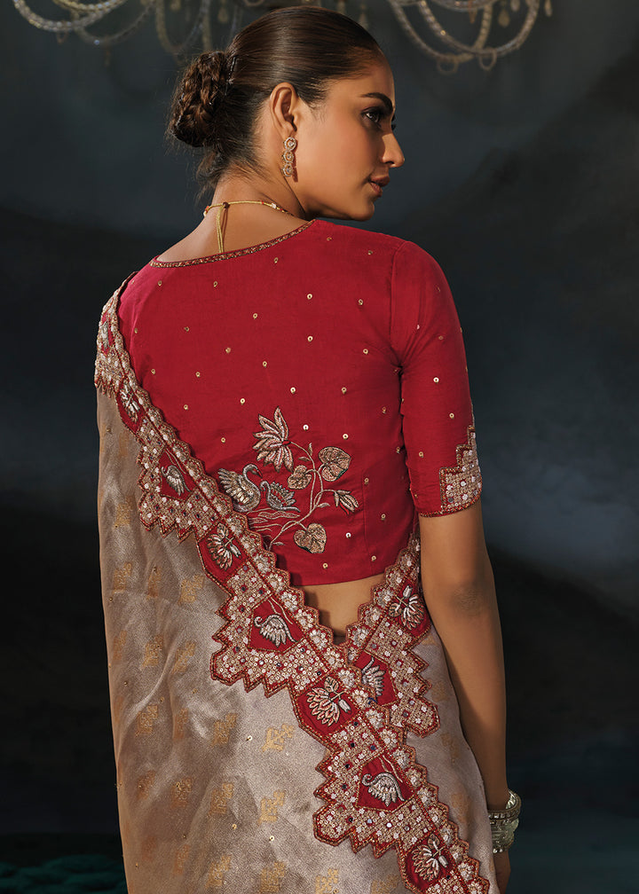 Grey &amp; Brown Tanchoi Silk Saree with Zari, Sequin &amp; Moti Embellishments