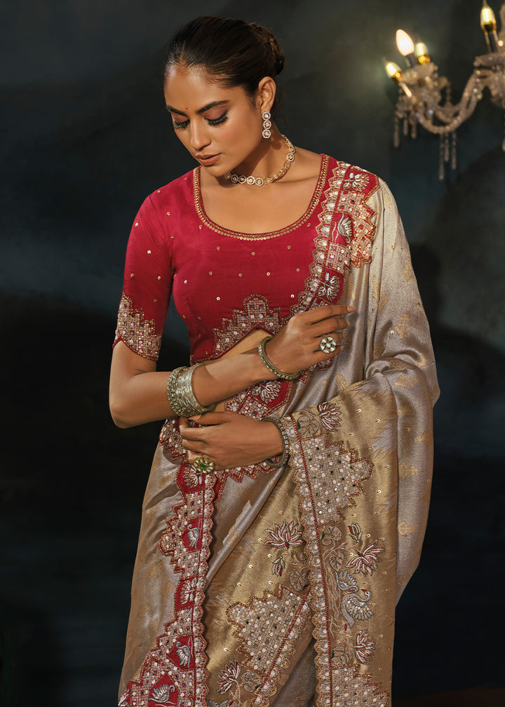 Grey &amp; Brown Tanchoi Silk Saree with Zari, Sequin &amp; Moti Embellishments