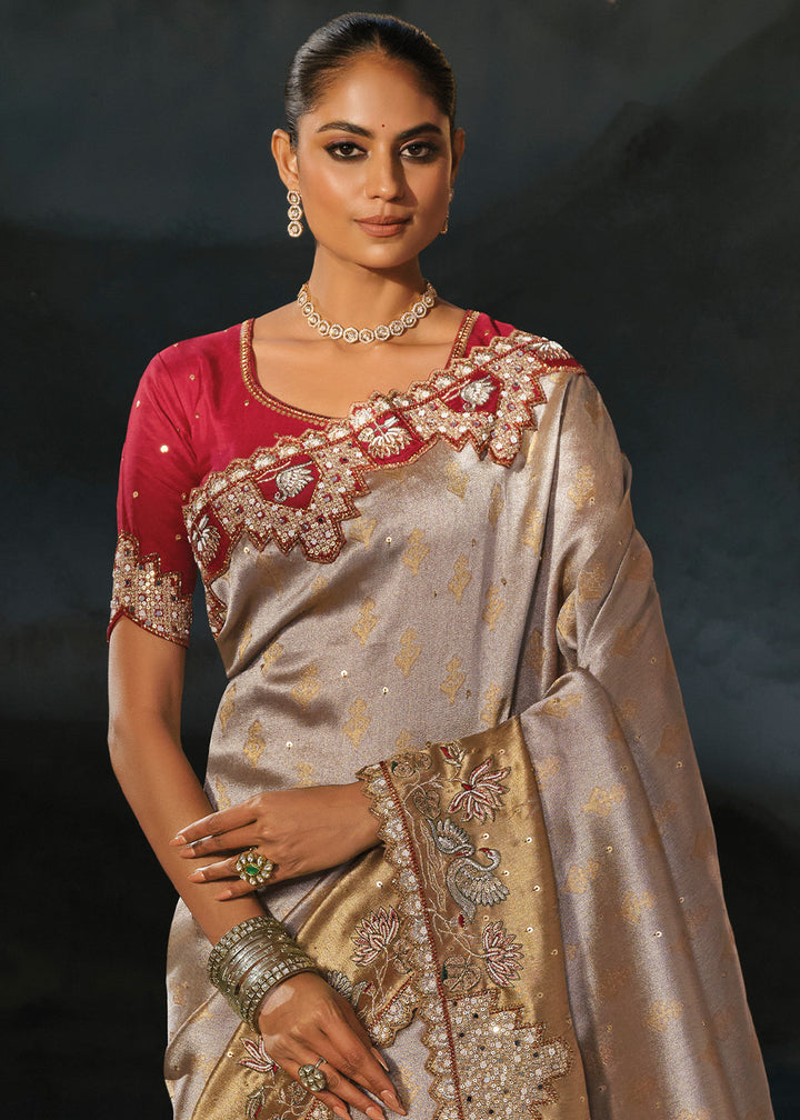 Grey &amp; Brown Tanchoi Silk Saree with Zari, Sequin &amp; Moti Embellishments