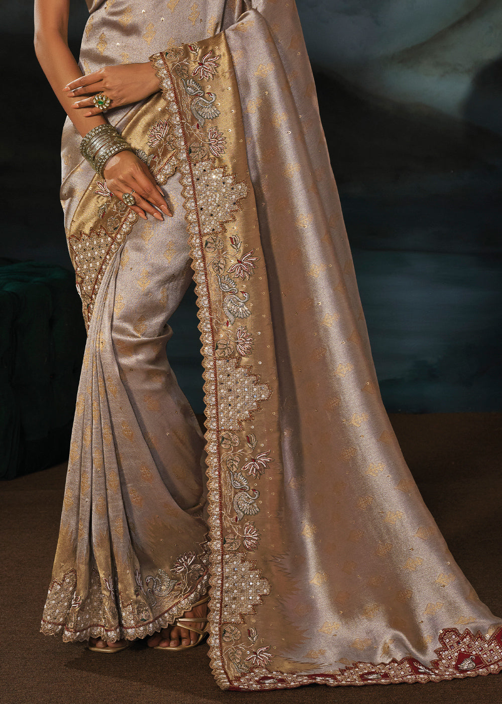 Grey &amp; Brown Tanchoi Silk Saree with Zari, Sequin &amp; Moti Embellishments