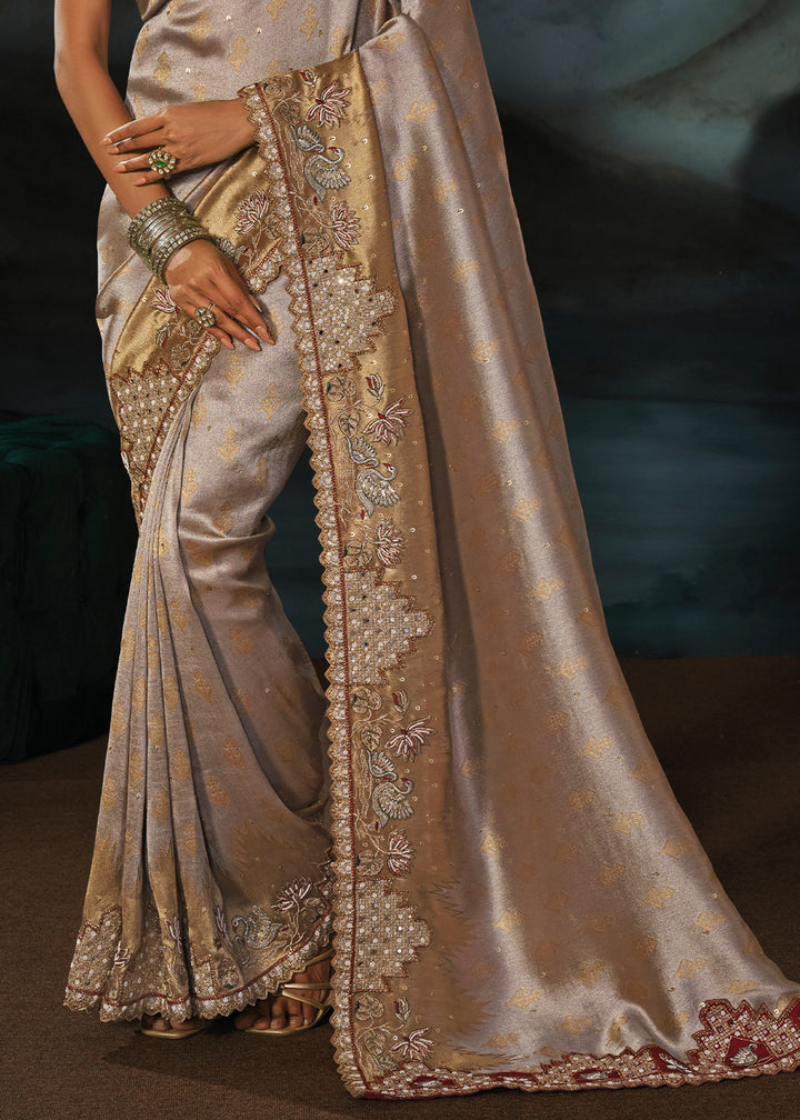 Grey &amp; Brown Tanchoi Silk Saree with Zari, Sequin &amp; Moti Embellishments