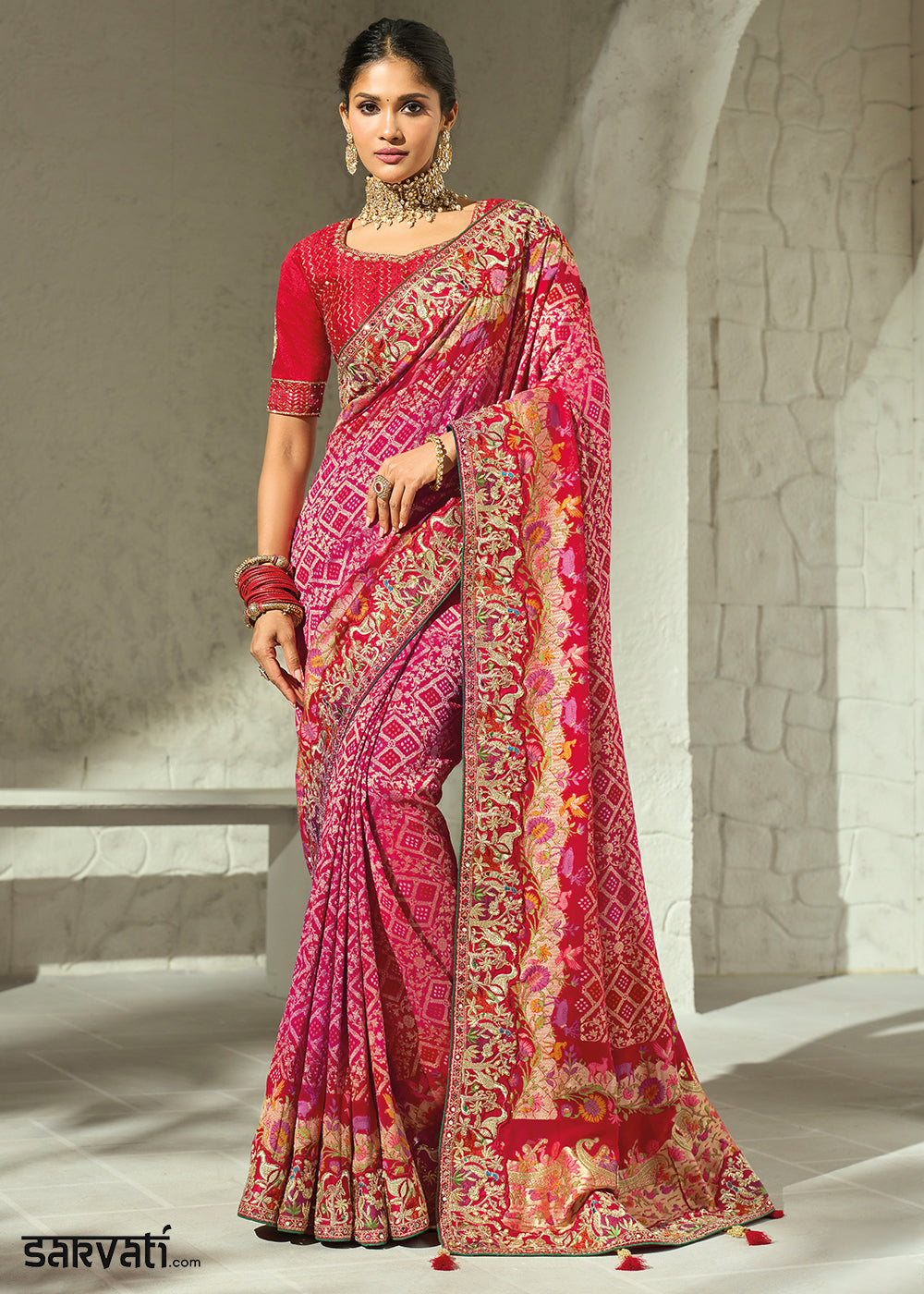 Berry Red Georgette Bandhej Saree with Intricate Moti Cut Dana and Mirror Handwork