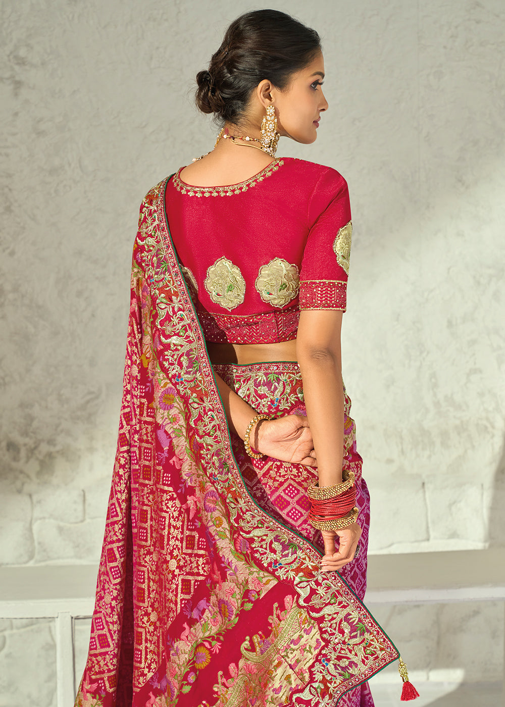 Berry Red Georgette Bandhej Saree with Intricate Moti Cut Dana and Mirror Handwork