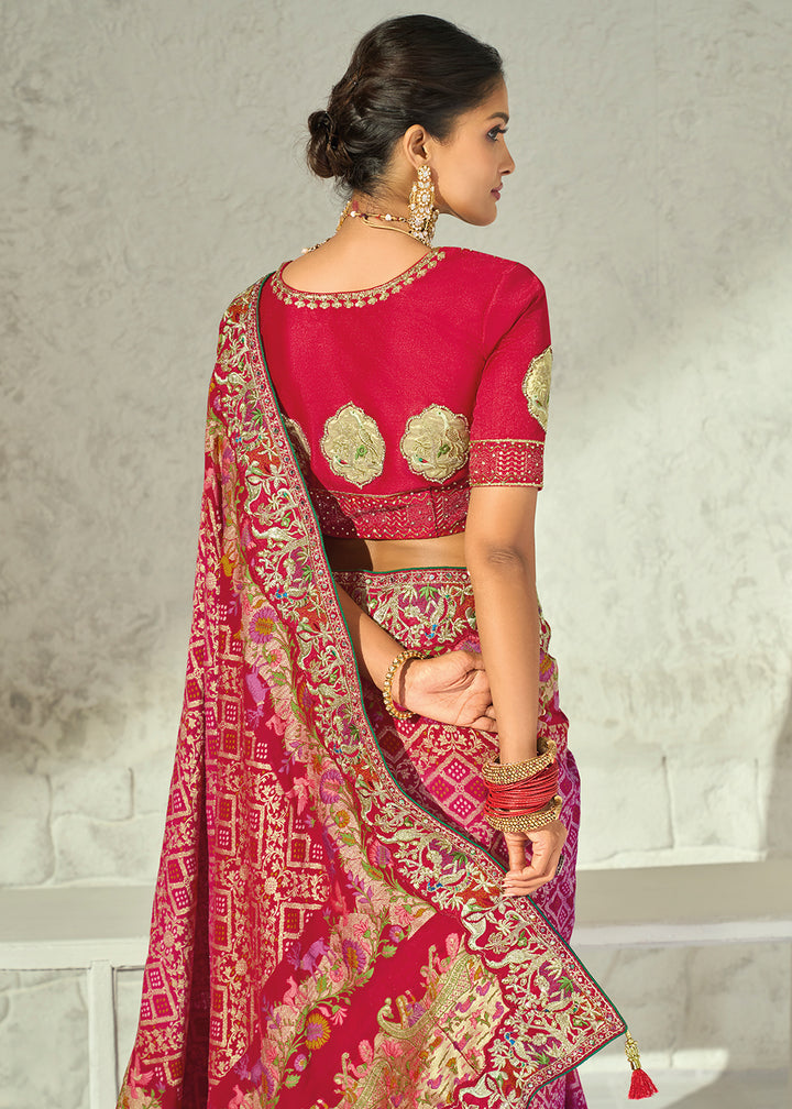 Berry Red Georgette Bandhej Saree with Intricate Moti Cut Dana and Mirror Handwork