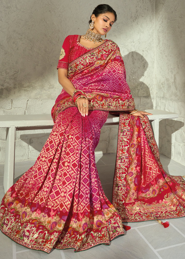 Berry Red Georgette Bandhej Saree with Intricate Moti Cut Dana and Mirror Handwork