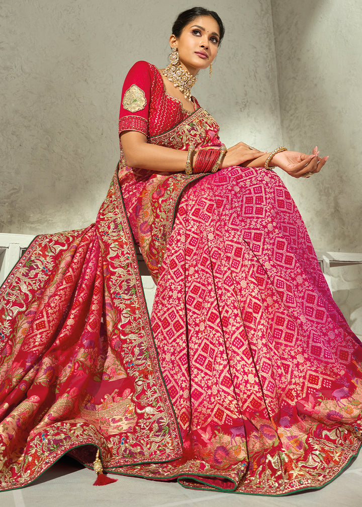 Berry Red Georgette Bandhej Saree with Intricate Moti Cut Dana and Mirror Handwork