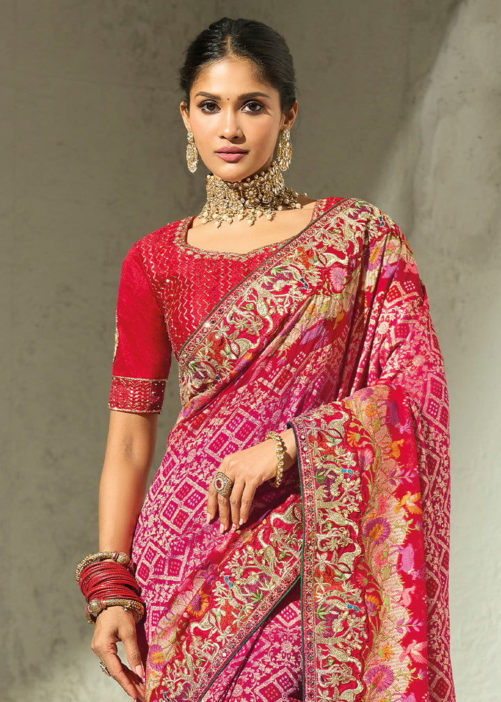 Berry Red Georgette Bandhej Saree with Intricate Moti Cut Dana and Mirror Handwork