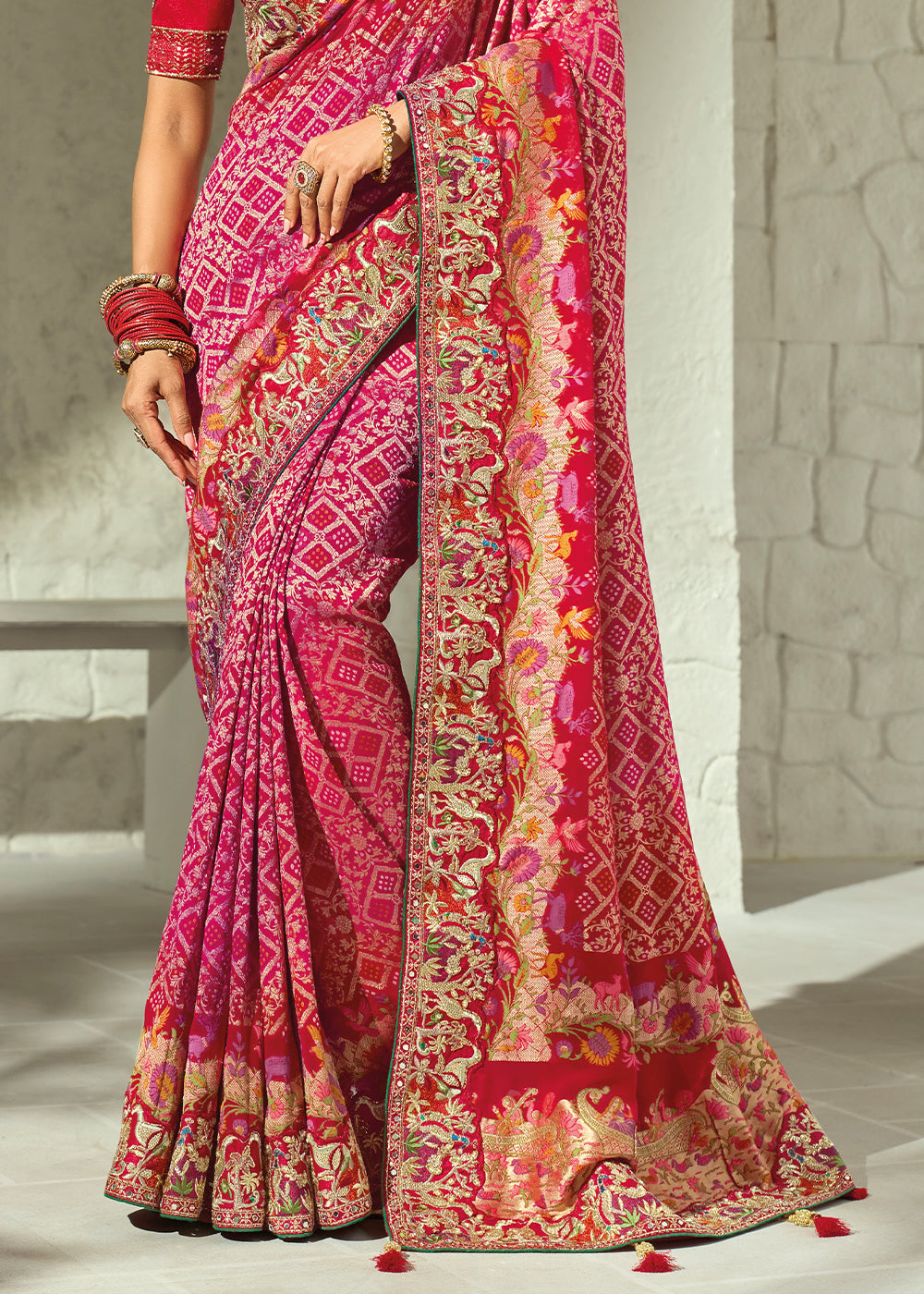 Berry Red Georgette Bandhej Saree with Intricate Moti Cut Dana and Mirror Handwork
