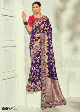 Indigo Purple Georgette Saree with Intricate Moti Cut Dana and Mirror Handwork Border