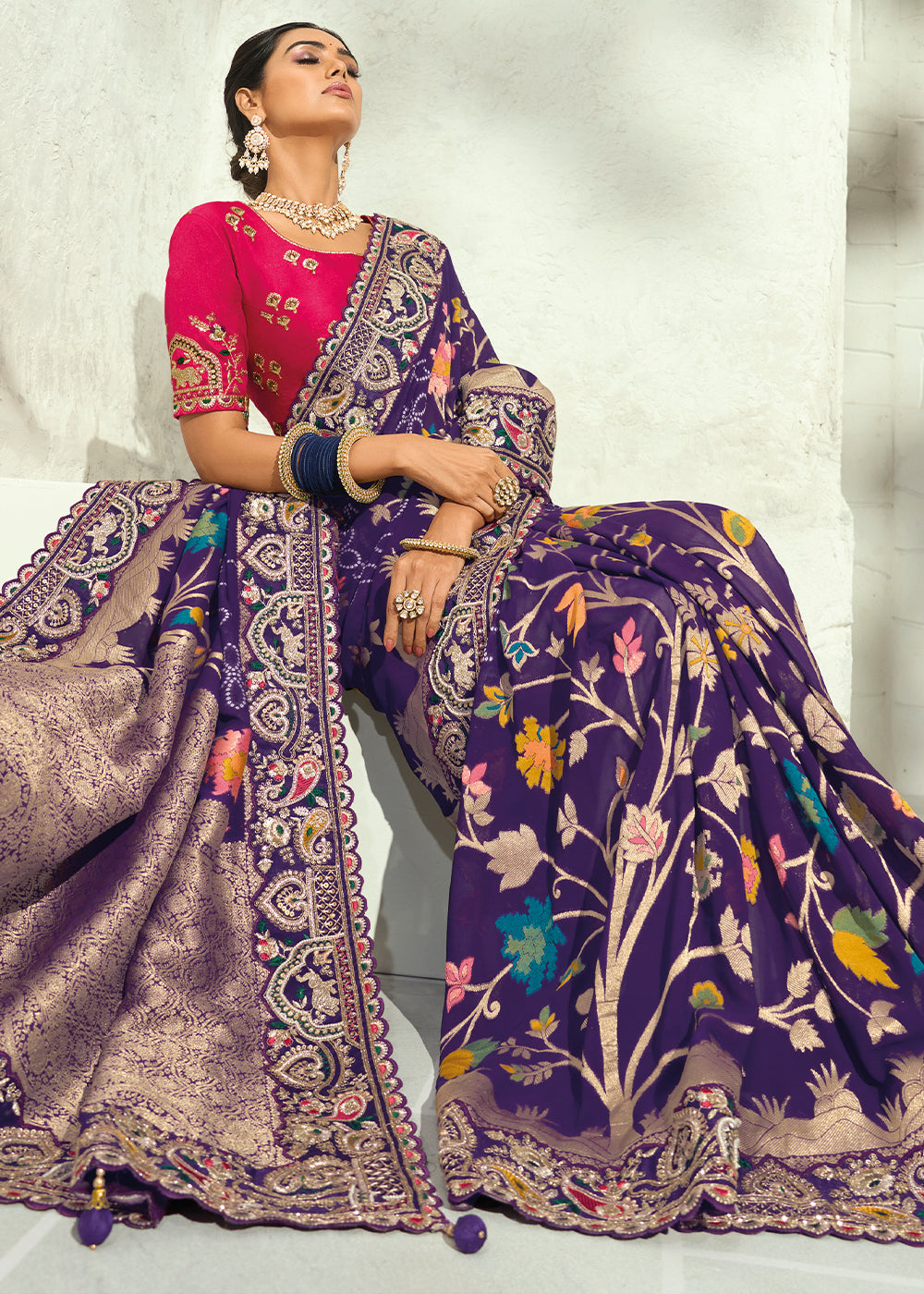 Indigo Purple Georgette Saree with Intricate Moti Cut Dana and Mirror Handwork Border