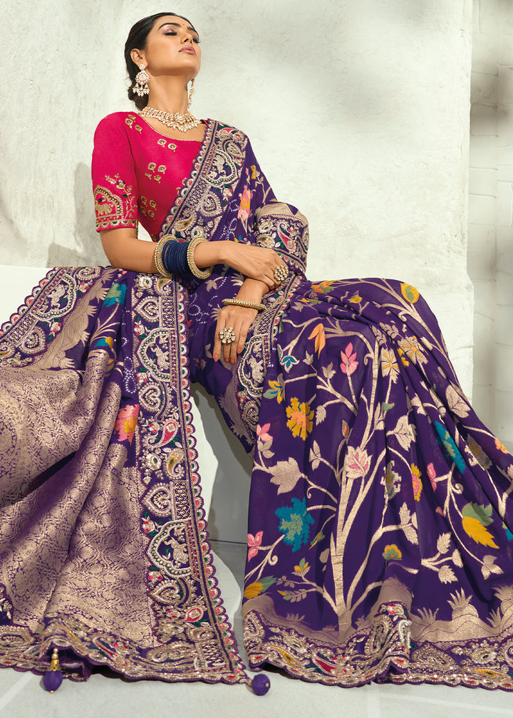 Indigo Purple Georgette Saree with Intricate Moti Cut Dana and Mirror Handwork Border
