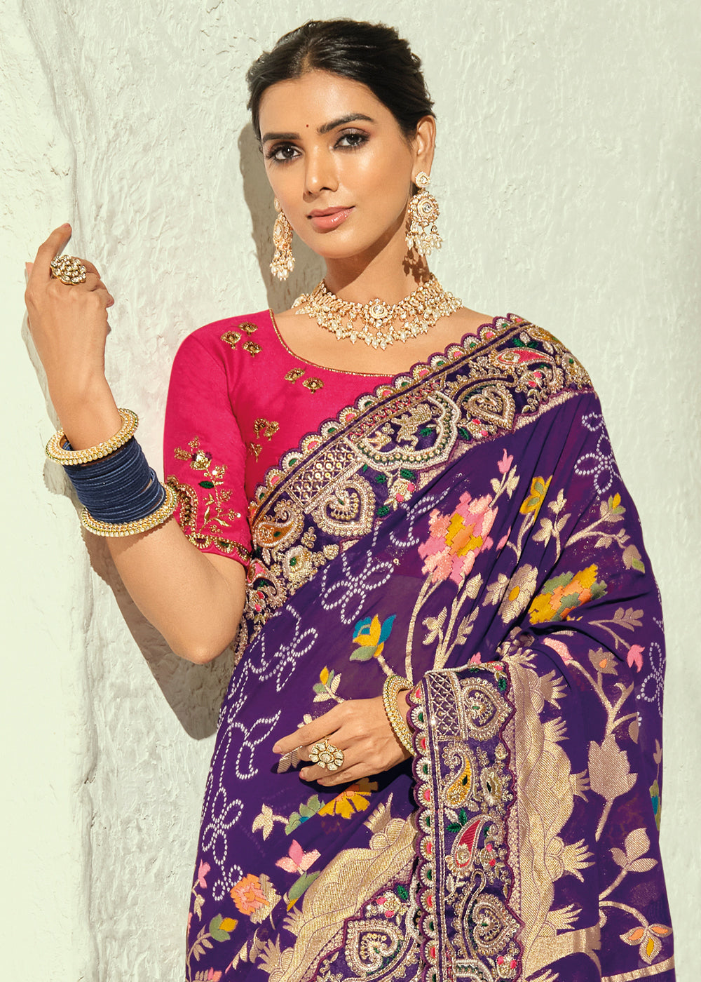 Indigo Purple Georgette Saree with Intricate Moti Cut Dana and Mirror Handwork Border