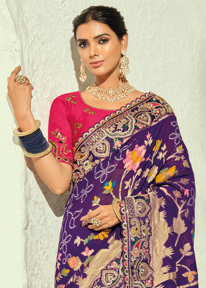 Indigo Purple Georgette Saree with Intricate Moti Cut Dana and Mirror Handwork Border