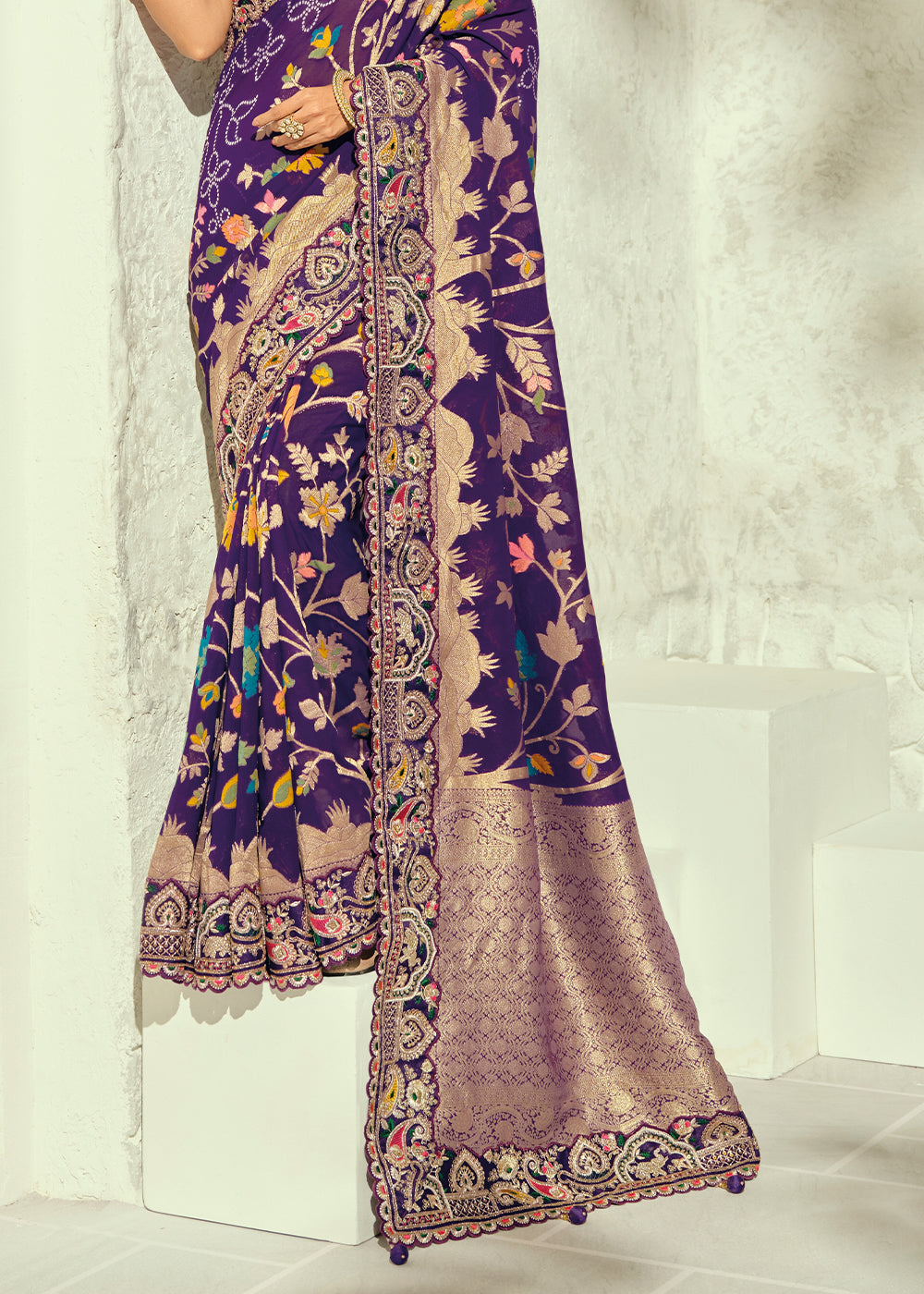 Indigo Purple Georgette Saree with Intricate Moti Cut Dana and Mirror Handwork Border