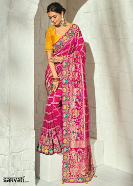 Deep Magenta Pink Georgette Bandhej Saree with Intricate Moti Cut Dana & Mirror Handwork Border