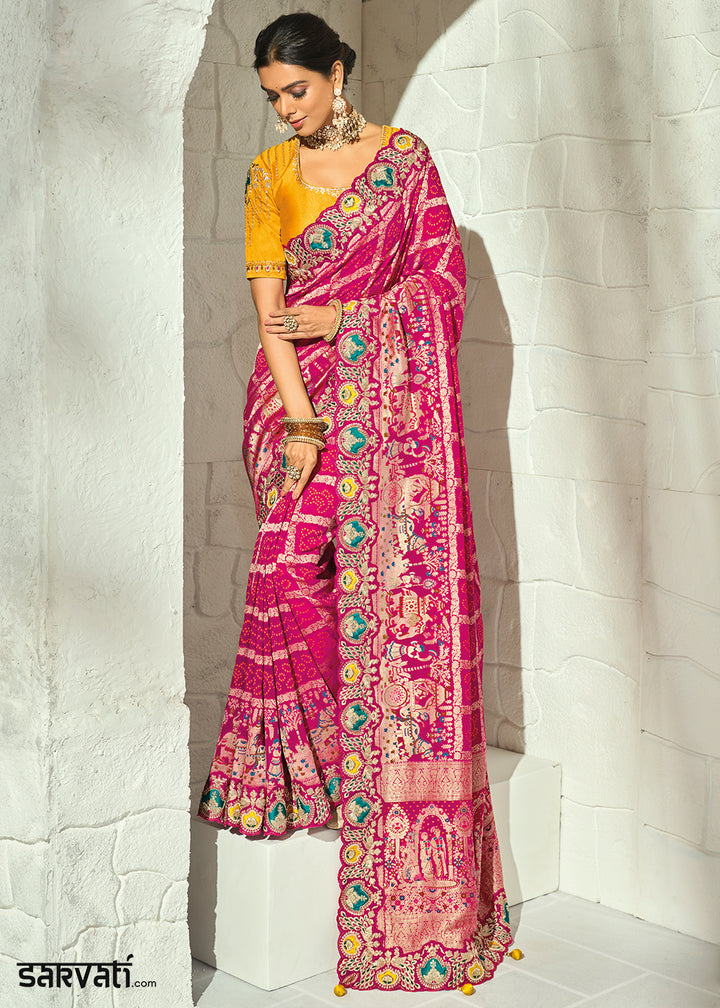 Deep Magenta Pink Georgette Bandhej Saree with Intricate Moti Cut Dana & Mirror Handwork Border