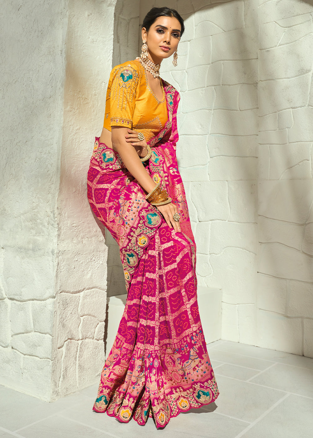 Deep Magenta Pink Georgette Bandhej Saree with Intricate Moti Cut Dana & Mirror Handwork Border