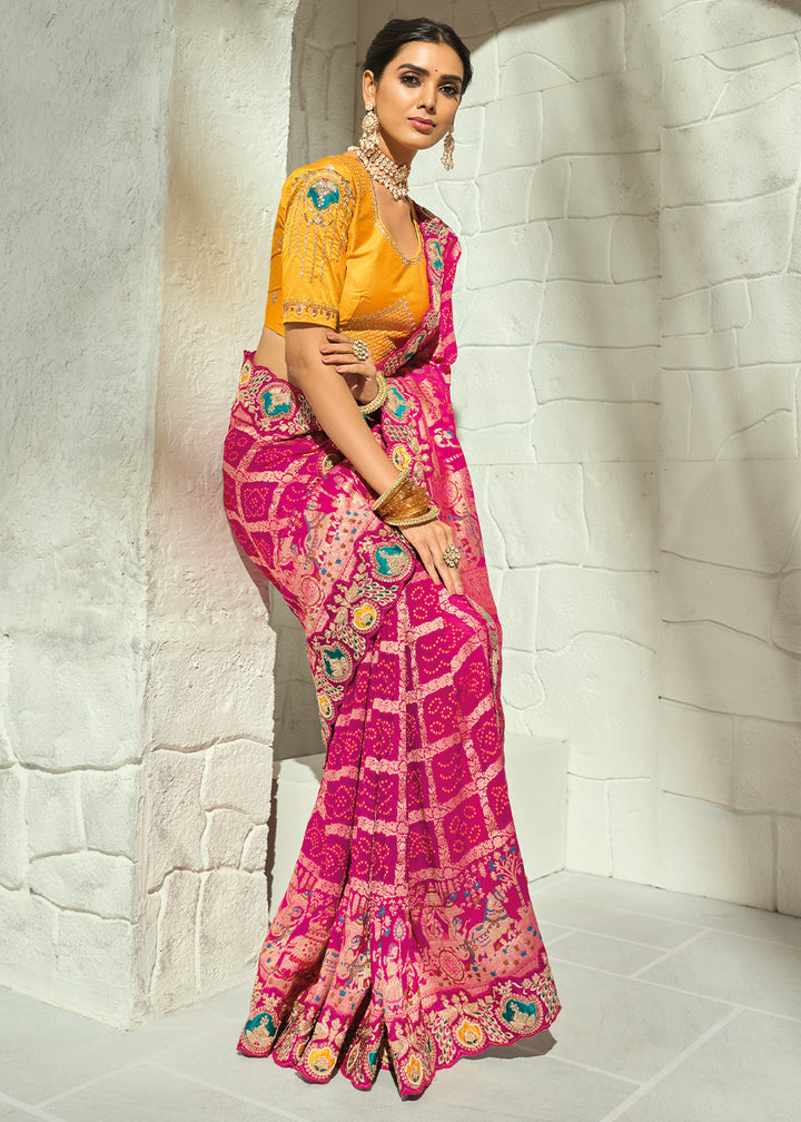 Deep Magenta Pink Georgette Bandhej Saree with Intricate Moti Cut Dana & Mirror Handwork Border
