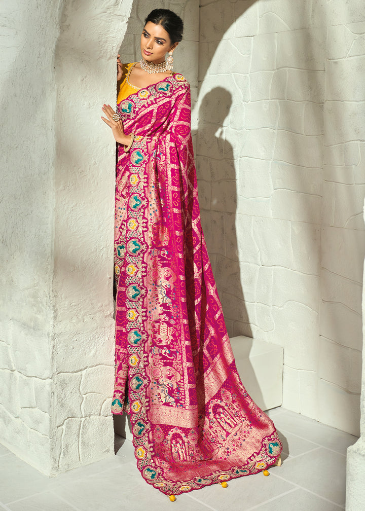 Deep Magenta Pink Georgette Bandhej Saree with Intricate Moti Cut Dana & Mirror Handwork Border