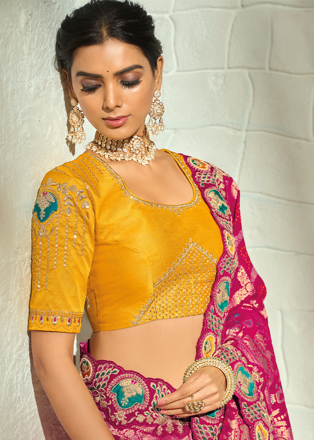 Deep Magenta Pink Georgette Bandhej Saree with Intricate Moti Cut Dana & Mirror Handwork Border