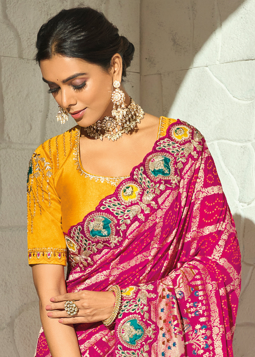 Deep Magenta Pink Georgette Bandhej Saree with Intricate Moti Cut Dana & Mirror Handwork Border
