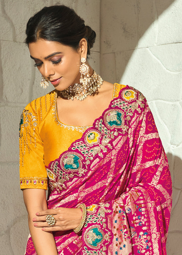 Deep Magenta Pink Georgette Bandhej Saree with Intricate Moti Cut Dana & Mirror Handwork Border