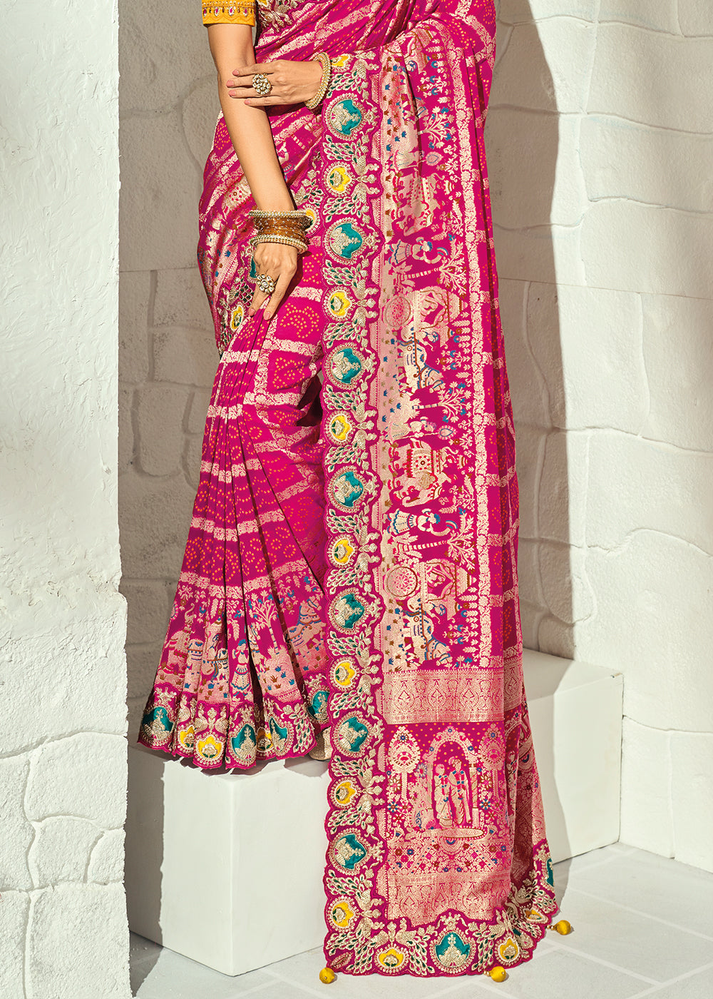 Deep Magenta Pink Georgette Bandhej Saree with Intricate Moti Cut Dana & Mirror Handwork Border