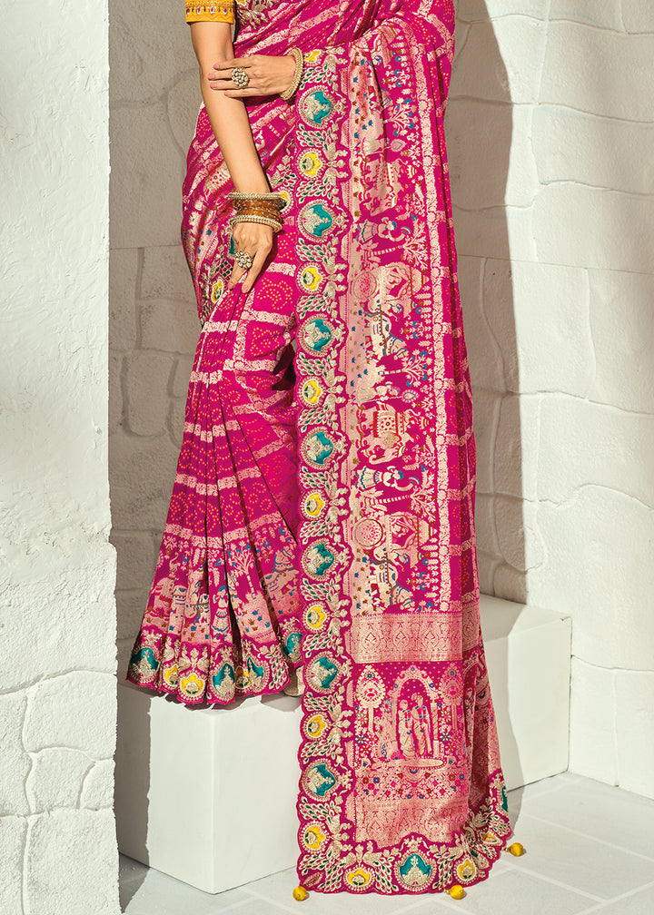 Deep Magenta Pink Georgette Bandhej Saree with Intricate Moti Cut Dana & Mirror Handwork Border