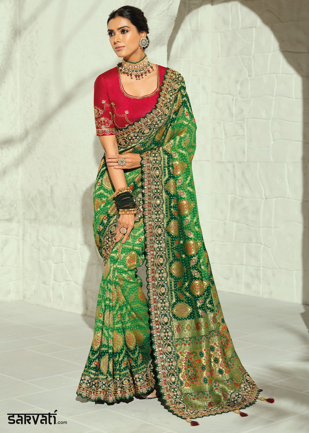 Emerald Green Georgette Bandhej Saree with Moti Cut Dana, Zari &Threadwork Embroidery