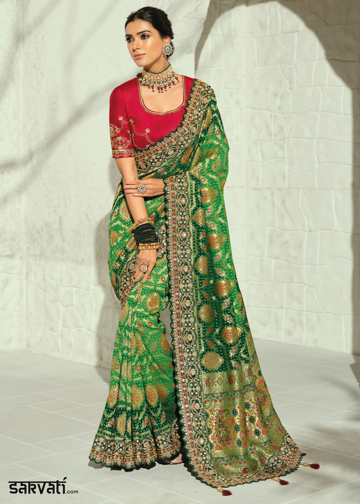 Emerald Green Georgette Bandhej Saree with Moti Cut Dana, Zari &Threadwork Embroidery