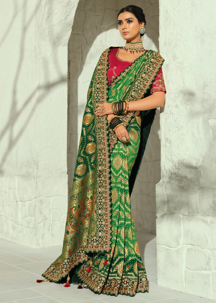 Emerald Green Georgette Bandhej Saree with Moti Cut Dana, Zari &Threadwork Embroidery